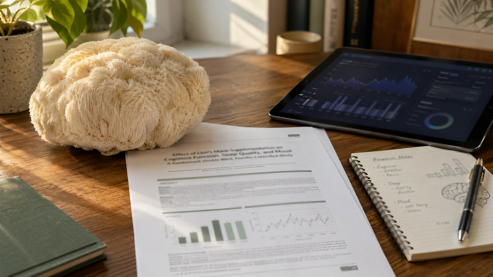 Lion’s mane mushroom beside clinical research papers and data charts for an article about attention, sleep, and mood research