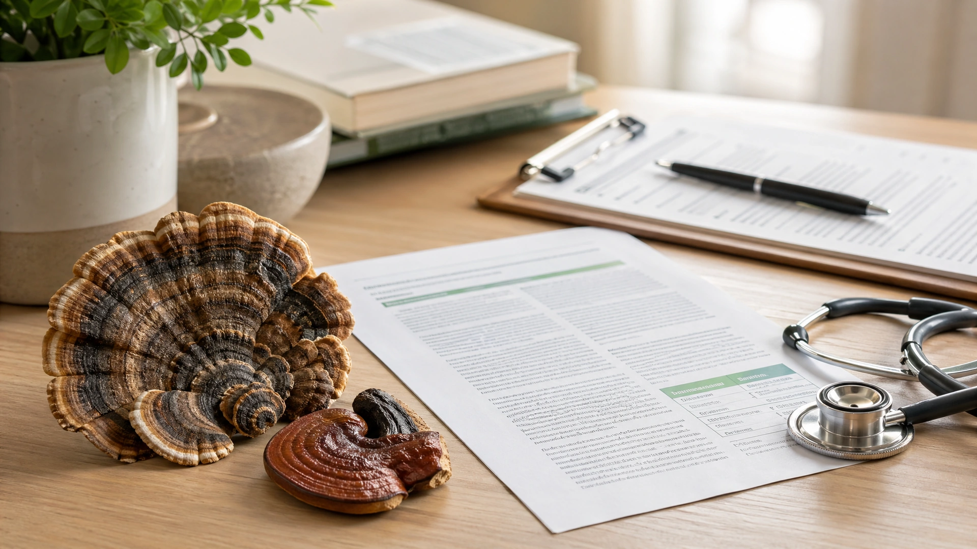 Medicinal mushrooms beside clinical research papers and a stethoscope for an article about mushroom supplement safety during chemotherapy