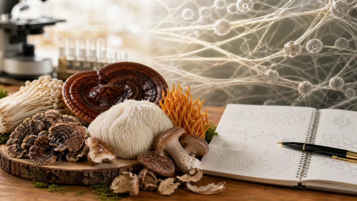 Medicinal mushrooms and a laboratory notebook illustrating beta-glucan research