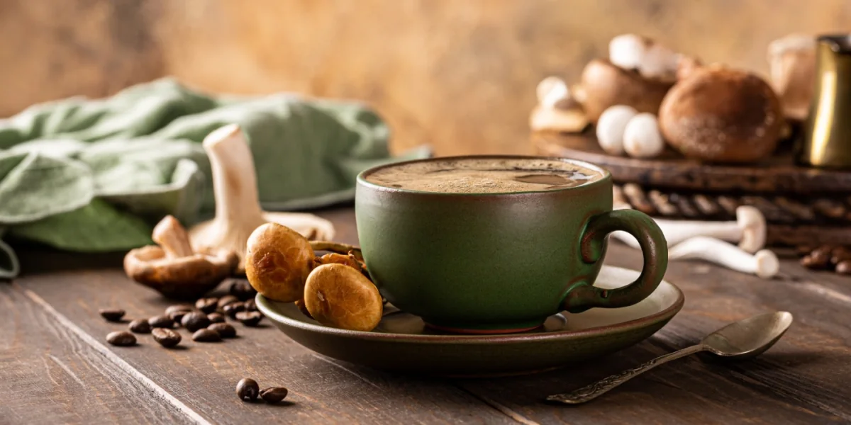 Cup of mushroom coffee with whole mushrooms nearby